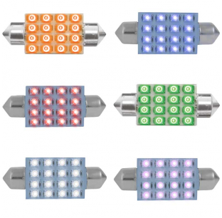 LED Dome Light Bulbs 16 Diode - 12V, Available in Amber, Red, White, Blue, Green, Purple