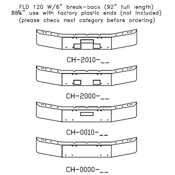 Chrome Steel Freightliner FLD 120 Bumper with 6 Inch Break-Back, Rolled End Square, Customizable Options Available